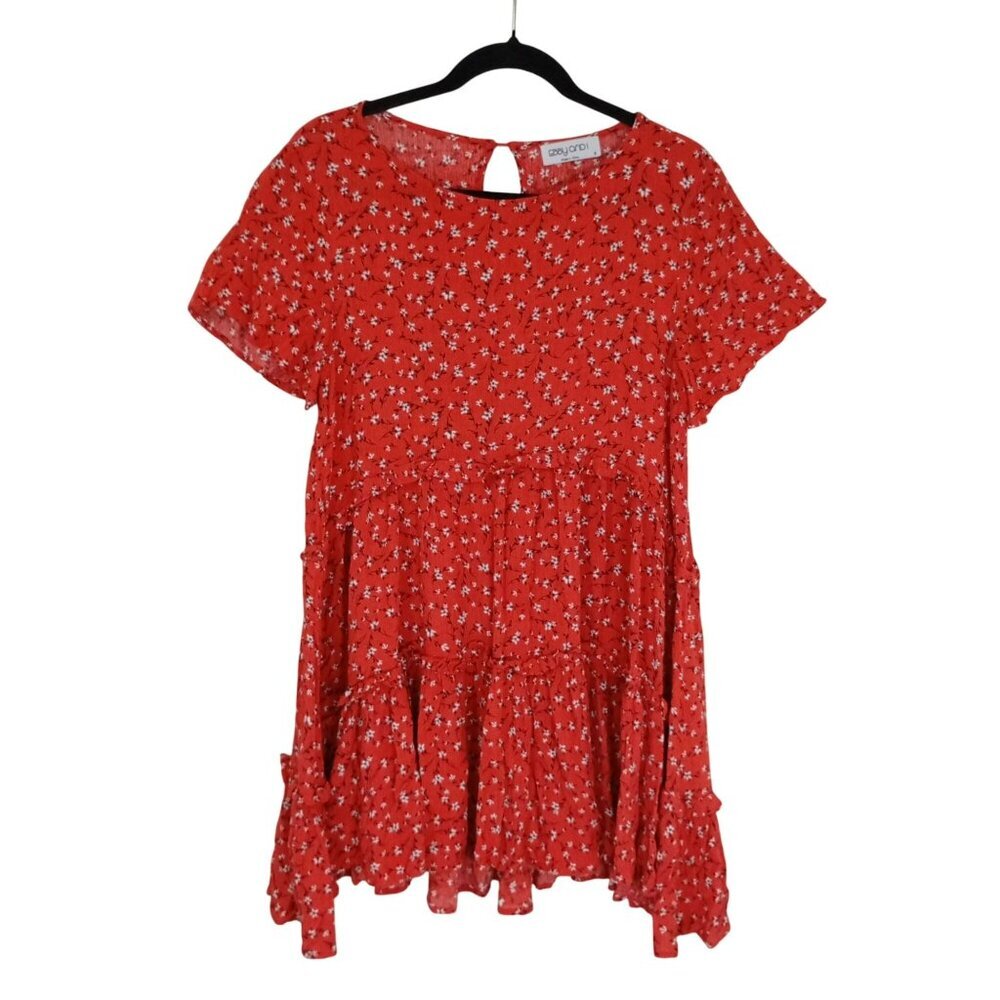 Ebby & I Red Floral Tiered Dress Size 8  Short Sleeves & Keyhole Back Closure